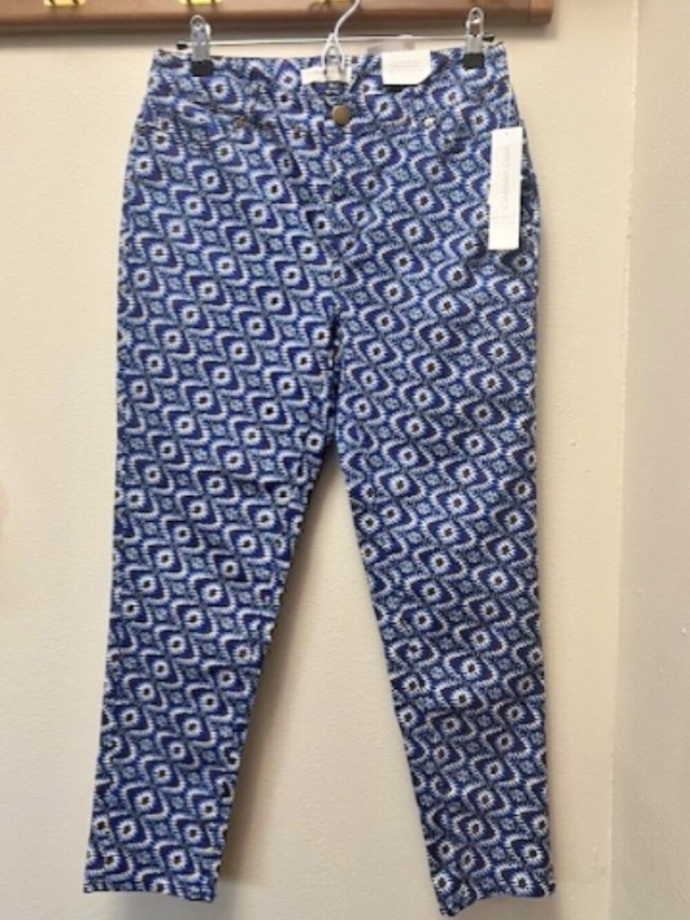 Coldwater Creek Natural Fit “Sofia” Ankle‑Leg Pants – Size 6 – Blue Geometric